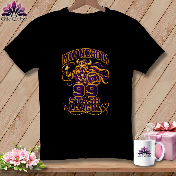Black t-shirt featuring a Minnesota Stash League graphic with a Viking holding a needle and thread.