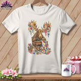 Moose at sewing machine with quilt and 