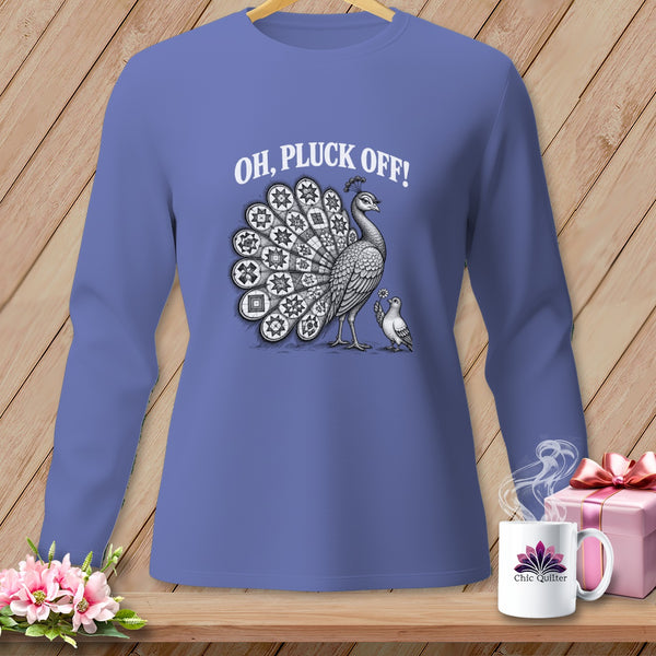 Blue long-sleeve t-shirt with a graphic of a peacock and pigeon, text reading Oh Pluck Off.