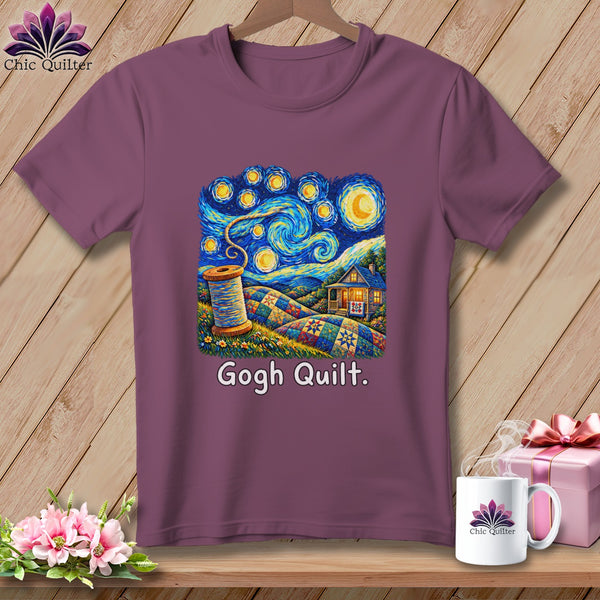 Purple t-shirt with "Gogh Quilt" text and starry night quilt art.