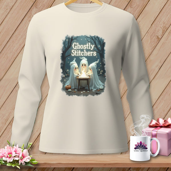 Cream long-sleeve shirt with "Ghostly Stitchers" graphic featuring ghosts and pumpkins.