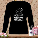 Black long-sleeve shirt with sewing machine graphic and text 