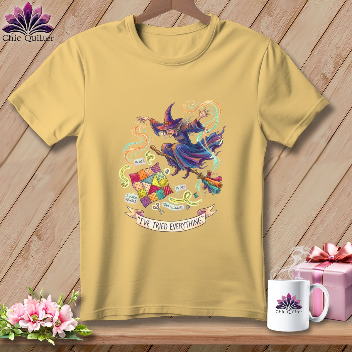 Yellow t-shirt with a witch flying on a broomstick with a quilt and sewing notions.