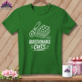 Green t-shirt with white graphic of rotary cutter, fabric stacks, and text 