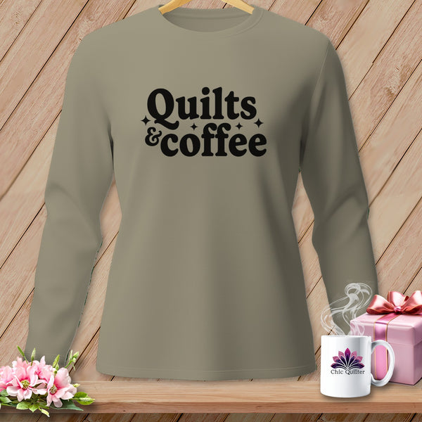Tan long-sleeve shirt with "Quilts & coffee" text and stars.