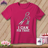 Pink t-shirt with scissors, thread, and 