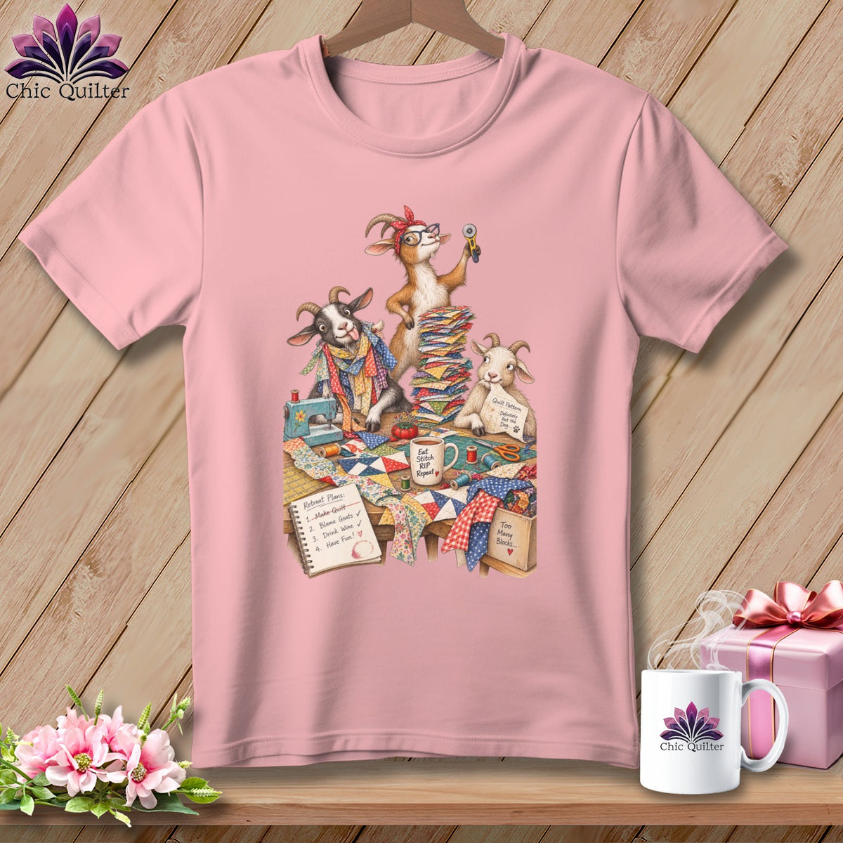 Three illustrated goats sewing and quilting, with text "Retreat Plans" and "Eat Stitch RIP Repeat".