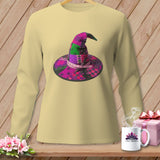 Long-sleeve shirt with a colorful patchwork witch hat graphic and 