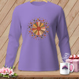 Purple long-sleeve shirt with a circular quilting design featuring spools of thread and buttons.