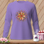 Purple long-sleeve shirt with a circular quilting design featuring spools of thread and buttons.