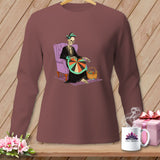 Skeleton in chair with hoop and basket on a long sleeve shirt.