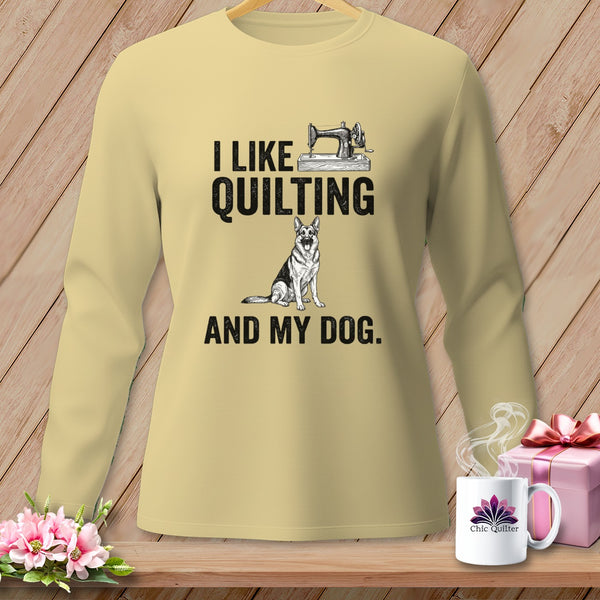 "I like quilting and my dog" text with sewing machine and German Shepherd graphic.