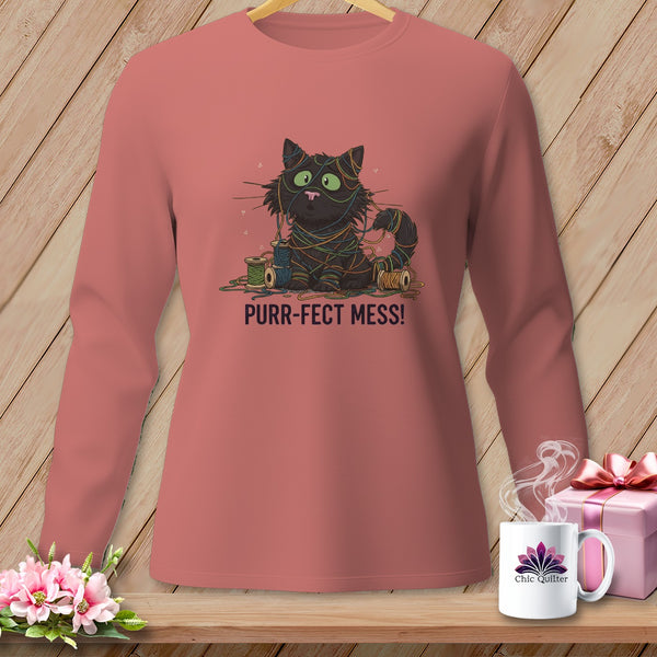Black cat tangled in yarn with "Purr-fect Mess!" text on a coral shirt.