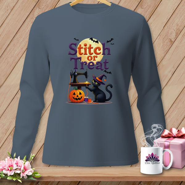 Long sleeve shirt with "Stitch or Treat" Halloween graphic featuring a black cat and sewing machine.