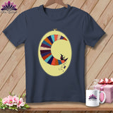 Dark blue t-shirt with a patchwork crescent moon and witch design.