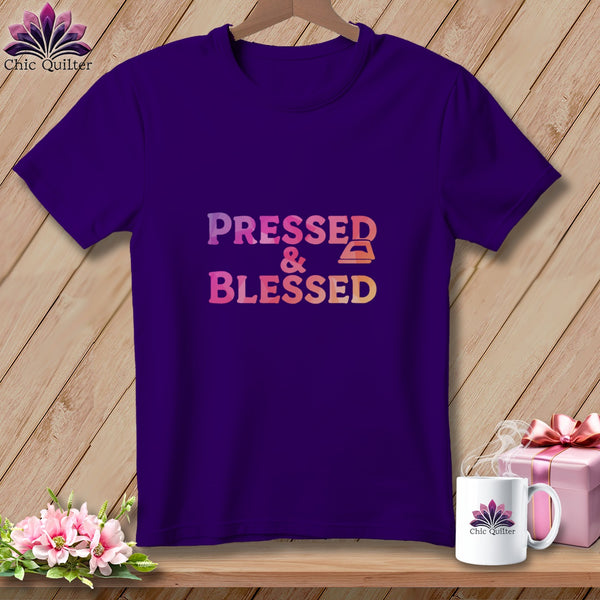 Purple t-shirt with "Pressed & Blessed" text and an iron graphic.