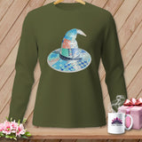 Olive green long sleeve shirt with a patchwork wizard hat graphic and 