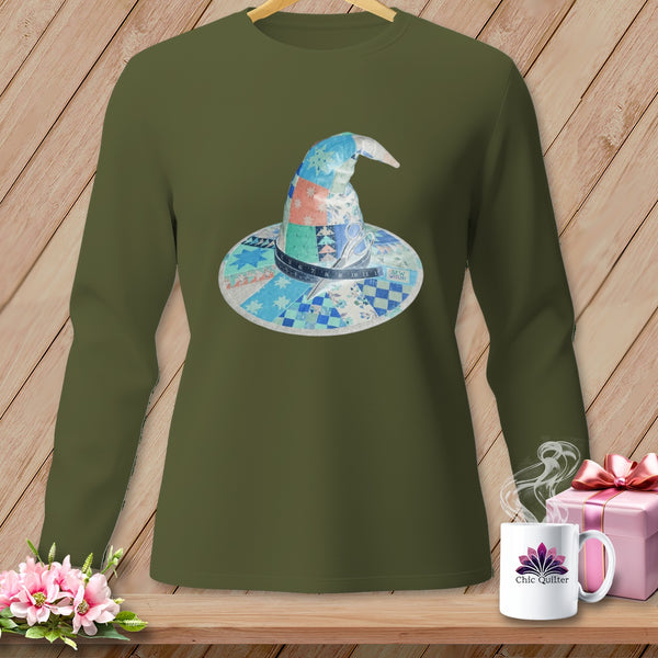Olive green long sleeve shirt with a patchwork wizard hat graphic and "Sew Witchy" text.