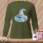 Olive green long sleeve shirt with a patchwork wizard hat graphic and "Sew Witchy" text.