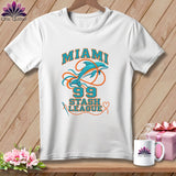 A white t-shirt features a graphic with a dolphin, the number 99, and the text Miami Stash League.