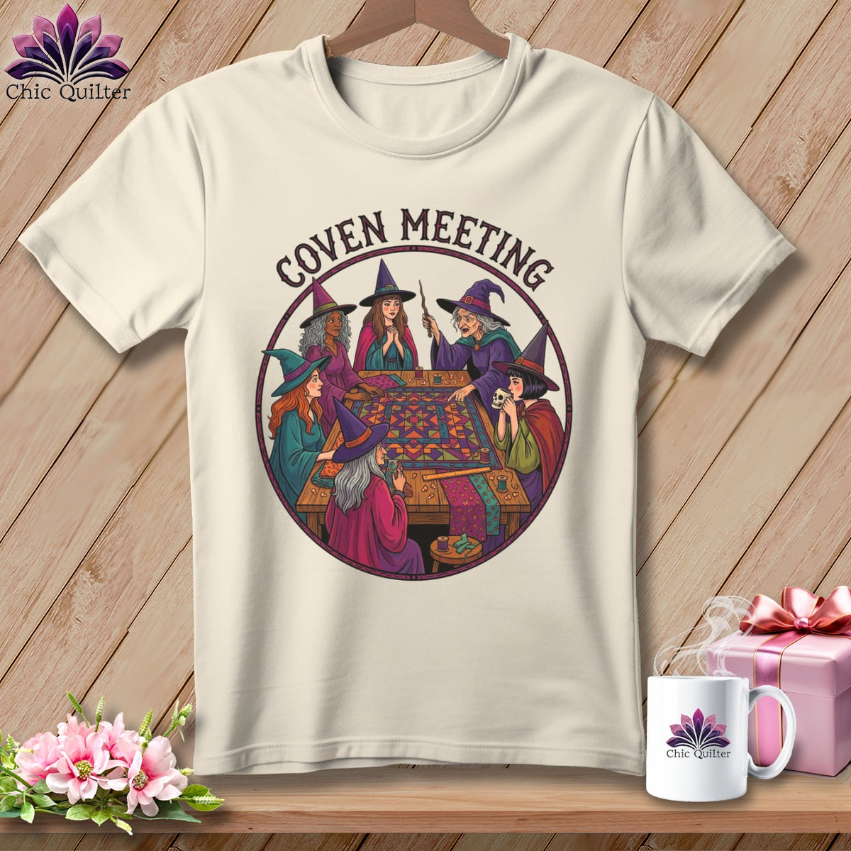 Witches in conical hats gather around a table for a "Coven Meeting" quilting session.