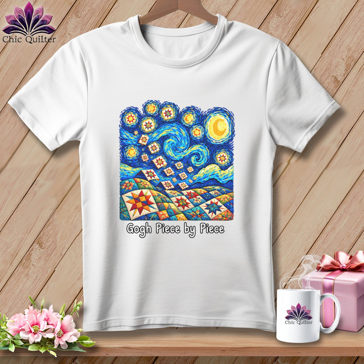 White t-shirt featuring a Van Gogh-inspired quilt design with "Gogh Piece by Piece" text.
