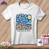 White t-shirt featuring a Van Gogh-inspired quilt design with 