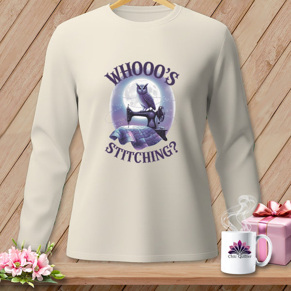 Cream long-sleeve shirt with owl, sewing machine, and text "WHOOO'S STITCHING?".