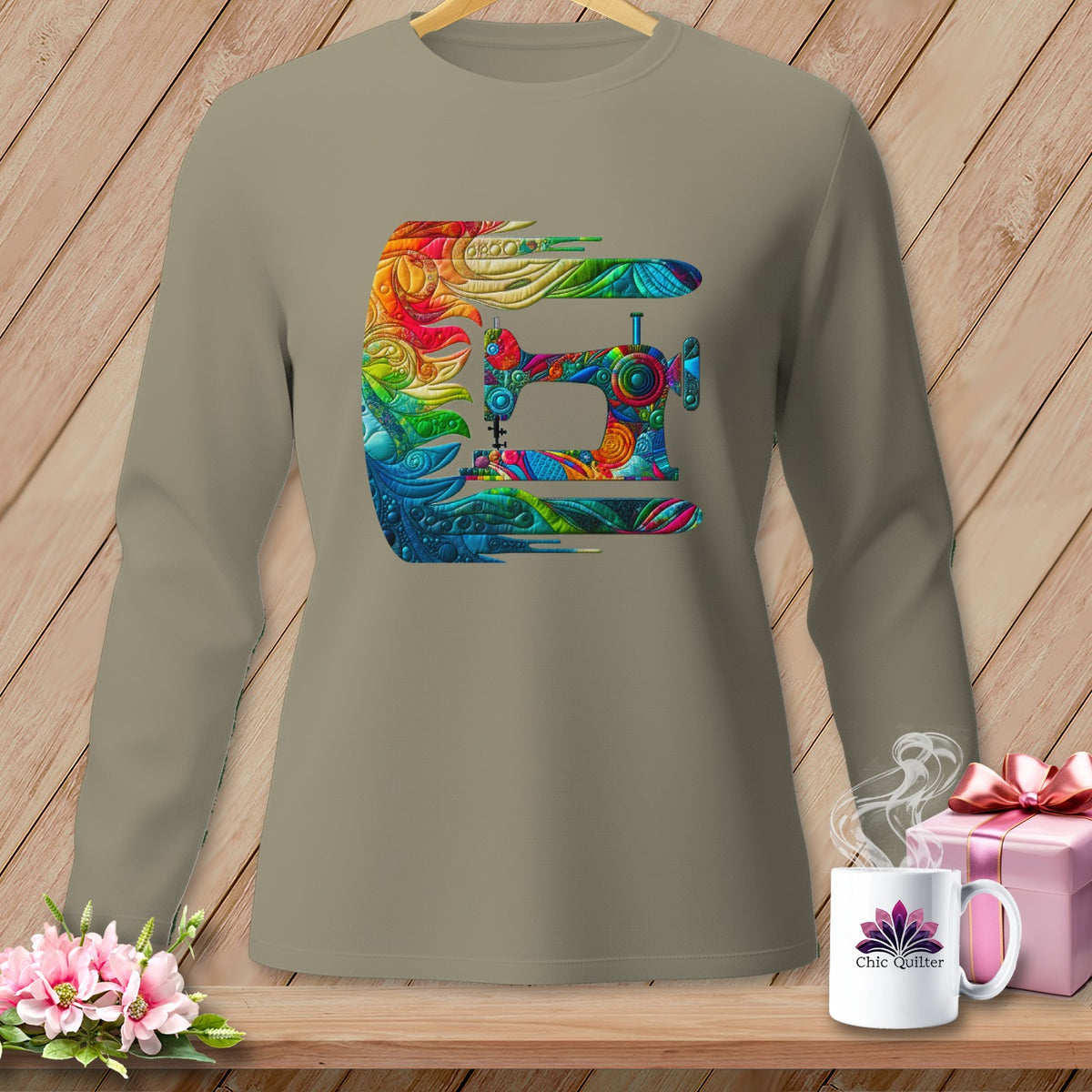 Long-sleeve shirt with colorful, abstract sewing machine graphic.