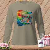 Long-sleeve shirt with colorful, abstract sewing machine graphic.