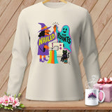 Cream long-sleeve shirt with graphic of witch, ghost, sewing machine, and cat saying 