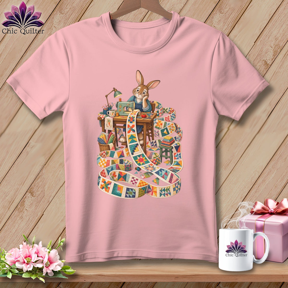 Pink t-shirt featuring a rabbit sewing a long, colorful quilt.
