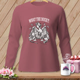 Dusty rose long-sleeve shirt featuring a black and white graphic of a duck holding a patchwork quilt and the text WHAT THE DUCK?!