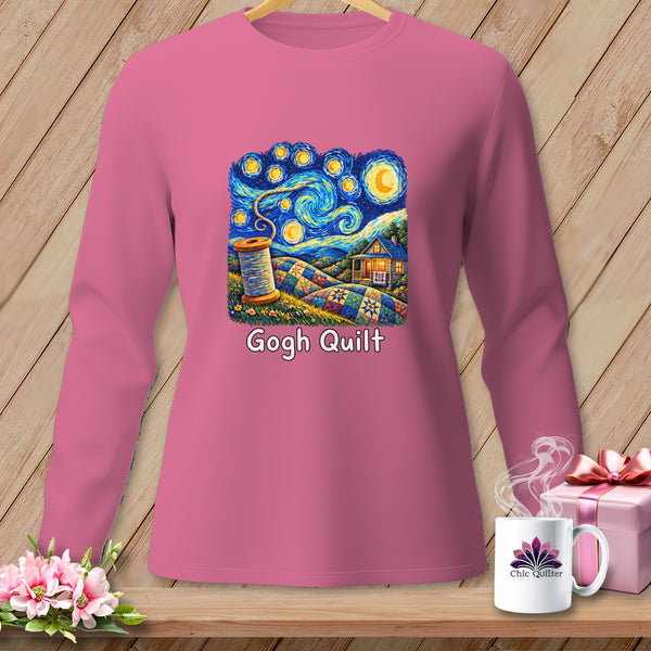 Pink long-sleeve shirt with a "Gogh Quilt" design featuring a starry night scene and a spool of thread.