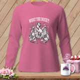 Pink long-sleeve shirt with a graphic of a duck holding a quilt and text reading What The Duck.