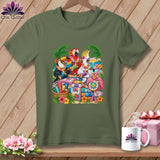 Olive green t-shirt featuring a graphic of tropical birds playing instruments around a colorful quilt.