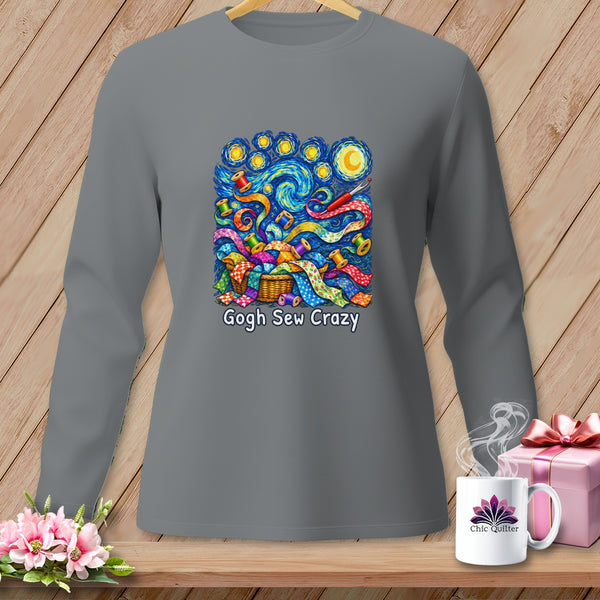 Gray long-sleeve shirt with a "Gogh Sew Crazy" graphic featuring sewing supplies in a starry sky motif.