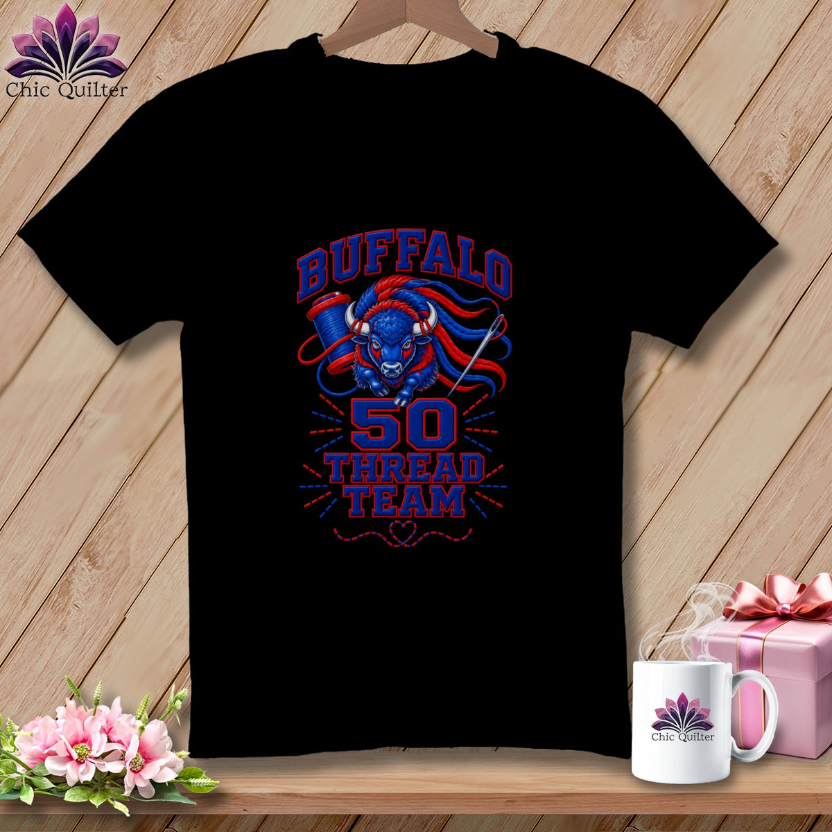 Black t-shirt featuring a red and blue buffalo graphic with text reading "Buffalo 50 Thread Team".