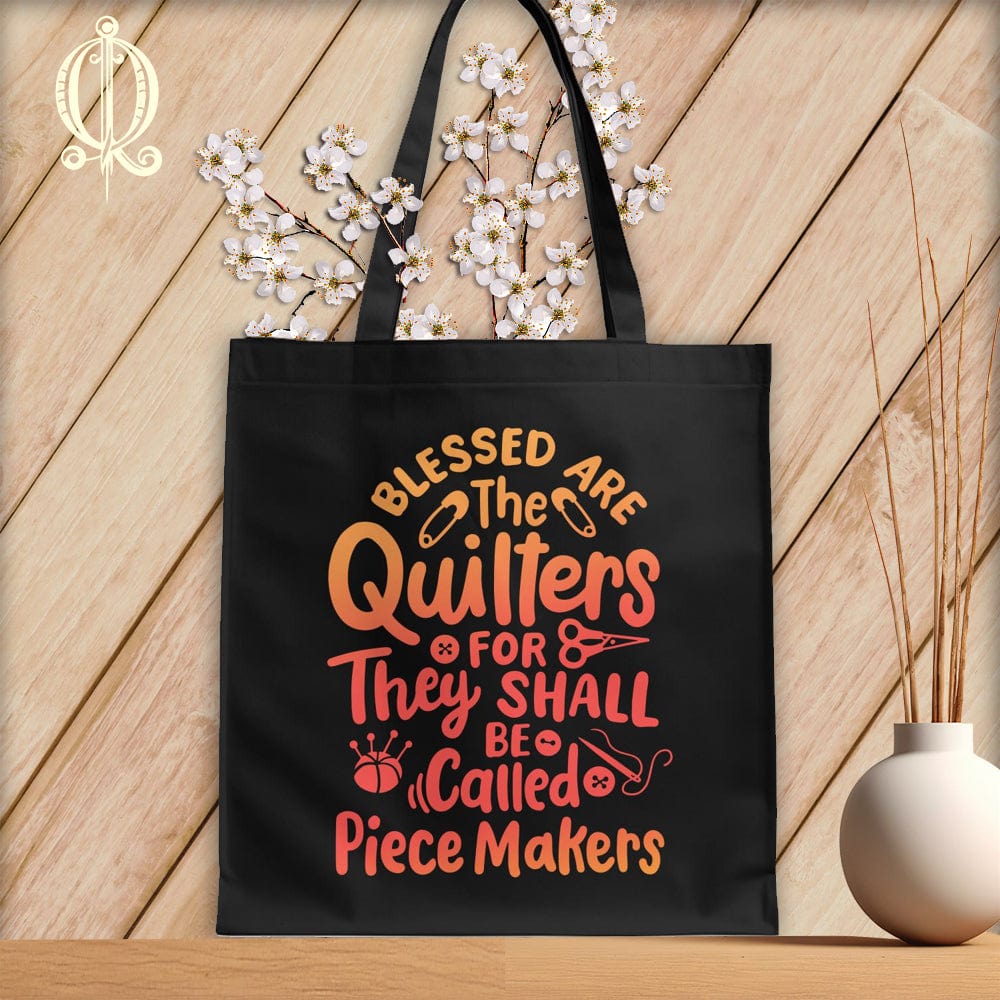 MyDesigns Black  Tote/Blood Orange Print / 15"x16" Blessed Are the Quilters For They Shall Be Called Piece Makers ~Tote Bag