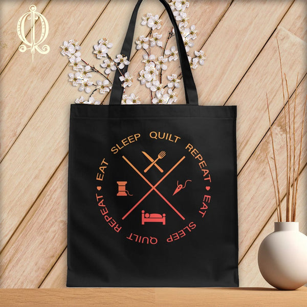 MyDesigns Black  Tote/Blood Orange Print / 15"x16" Eat sleep quilt repeat ~Tote Bag