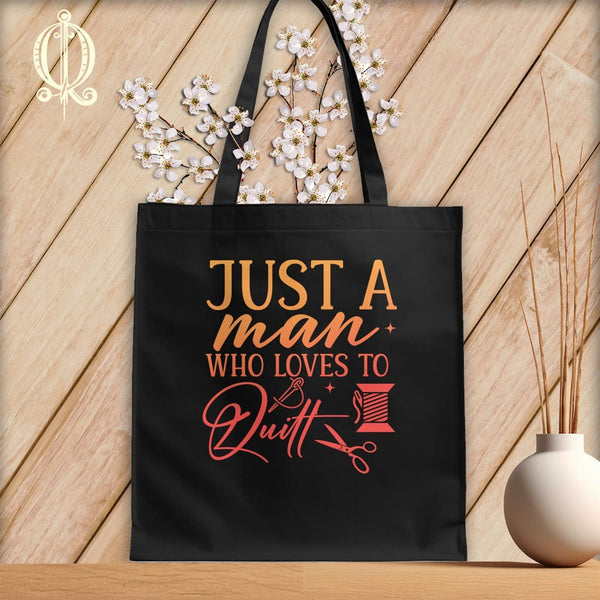 MyDesigns Black  Tote/Blood Orange Print / 15"x16" Just a Man Who Loves to Quilt ~Tote Bag