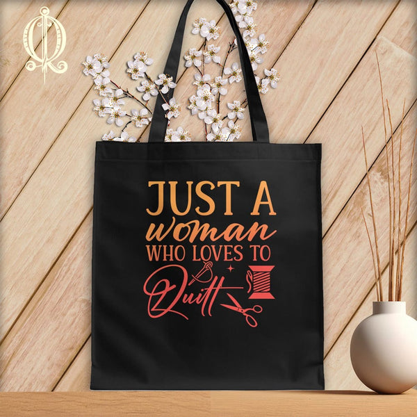 MyDesigns Black  Tote/Blood Orange Print / 15"x16" Just a Woman Who Loves to Quilt ~Tote Bag