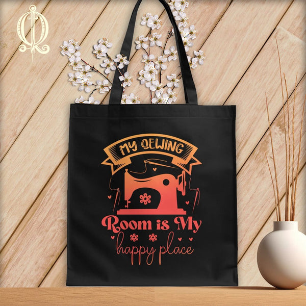 MyDesigns Black  Tote/Blood Orange Print / 15"x16" My Sewing Room Is My Happy Place ~Tote Bag