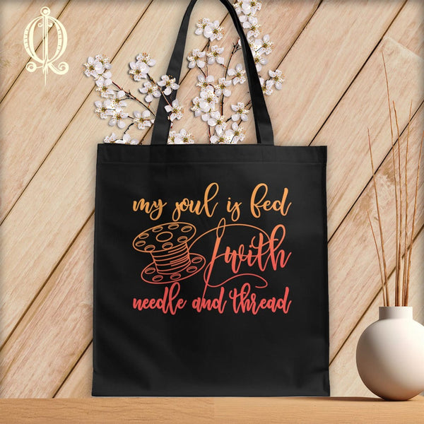 MyDesigns Black  Tote/Blood Orange Print / 15"x16" My soul is fed with a needle and thread ~Tote Bag
