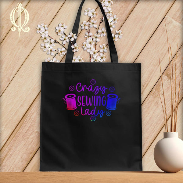 MyDesigns Black Tote/Rainbow Print / 15"x16" Crazy sewing lady ~Tote Bag