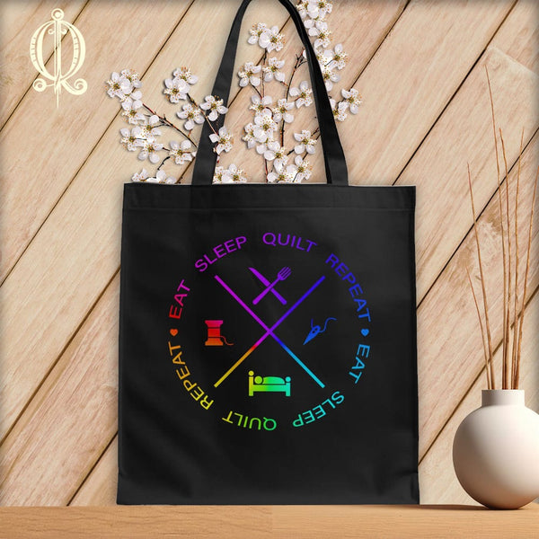 MyDesigns Black Tote/Rainbow Print / 15"x16" Eat sleep quilt repeat ~Tote Bag