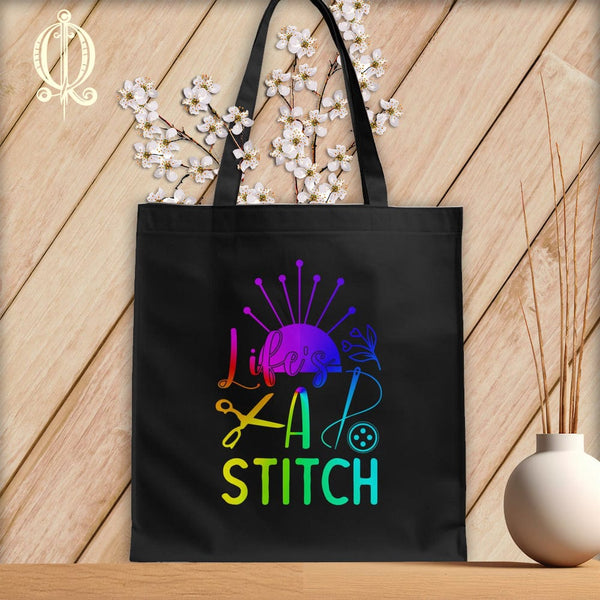 MyDesigns Black Tote/Rainbow Print / 15"x16" Lifes a stitch ~Tote Bag
