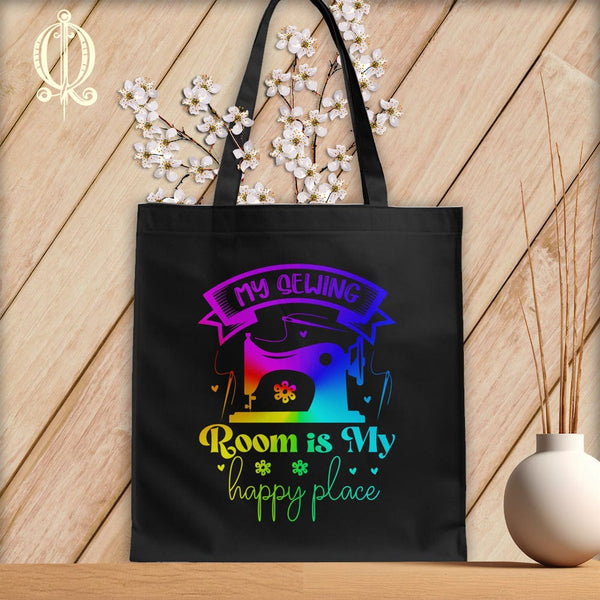 MyDesigns Black Tote/Rainbow Print / 15"x16" My Sewing Room Is My Happy Place ~Tote Bag