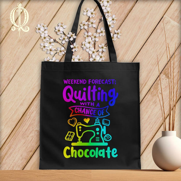 MyDesigns Black Tote/Rainbow Print / 15"x16" Weekend Forecase Quilting With a Chance ~Tote Bag