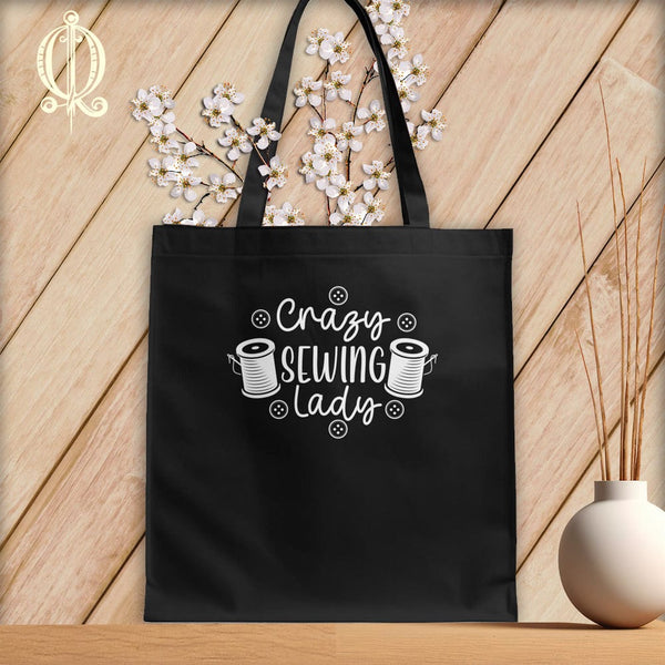 MyDesigns Black Tote/White Print / 15"x16" Crazy sewing lady ~Tote Bag